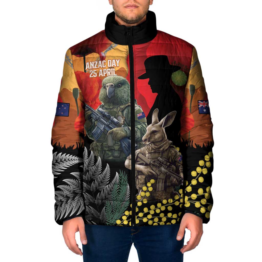 New Zealand and Australia ANZAC Day Padded Jacket Sliver Fern Kakapo With Golden Wattle Kangaroo - Aussie Hoodie