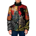 New Zealand and Australia ANZAC Day Padded Jacket Sliver Fern Kakapo With Golden Wattle Kangaroo - Aussie Hoodie