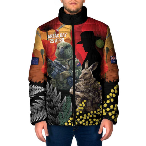 New Zealand and Australia ANZAC Day Padded Jacket Sliver Fern Kakapo With Golden Wattle Kangaroo - Aussie Hoodie