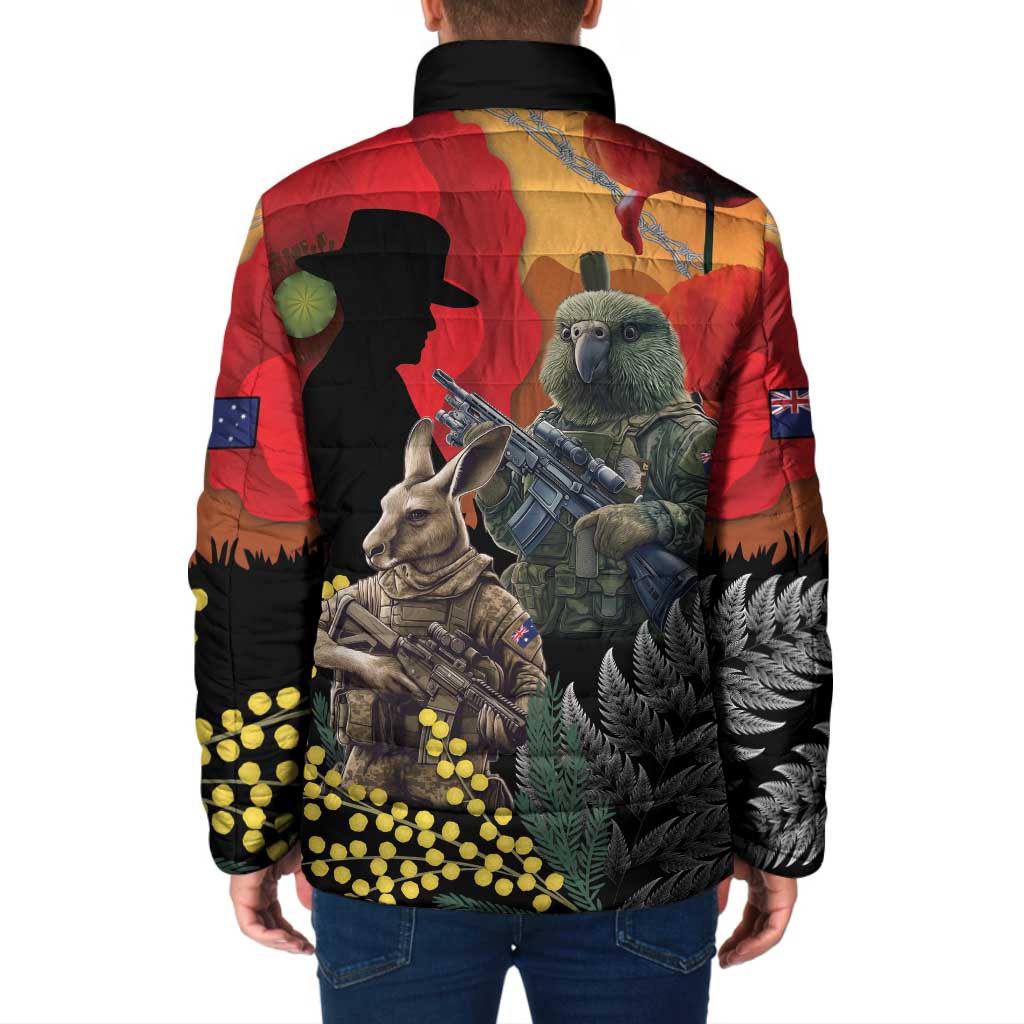 New Zealand and Australia ANZAC Day Padded Jacket Sliver Fern Kakapo With Golden Wattle Kangaroo - Aussie Hoodie
