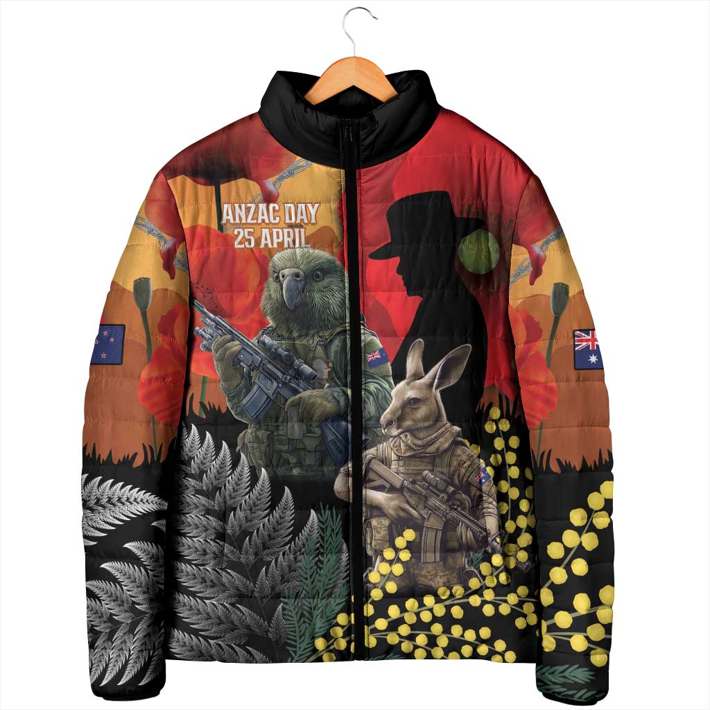 New Zealand and Australia ANZAC Day Padded Jacket Sliver Fern Kakapo With Golden Wattle Kangaroo - Aussie Hoodie