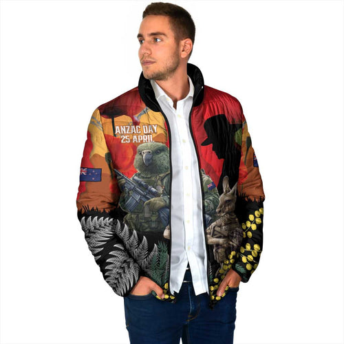 New Zealand and Australia ANZAC Day Padded Jacket Sliver Fern Kakapo With Golden Wattle Kangaroo - Aussie Hoodie