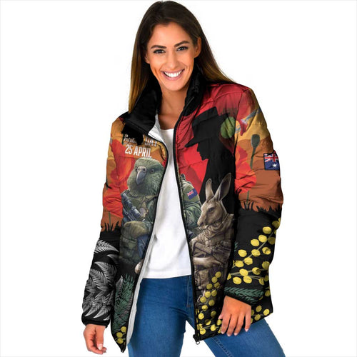 New Zealand and Australia ANZAC Day Padded Jacket Sliver Fern Kakapo With Golden Wattle Kangaroo - Aussie Hoodie