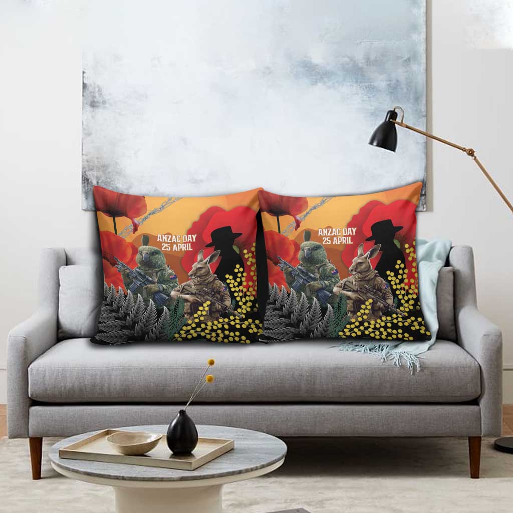 New Zealand and Australia ANZAC Day Pillow Cover Sliver Fern Kakapo With Golden Wattle Kangaroo - Aussie Hoodie