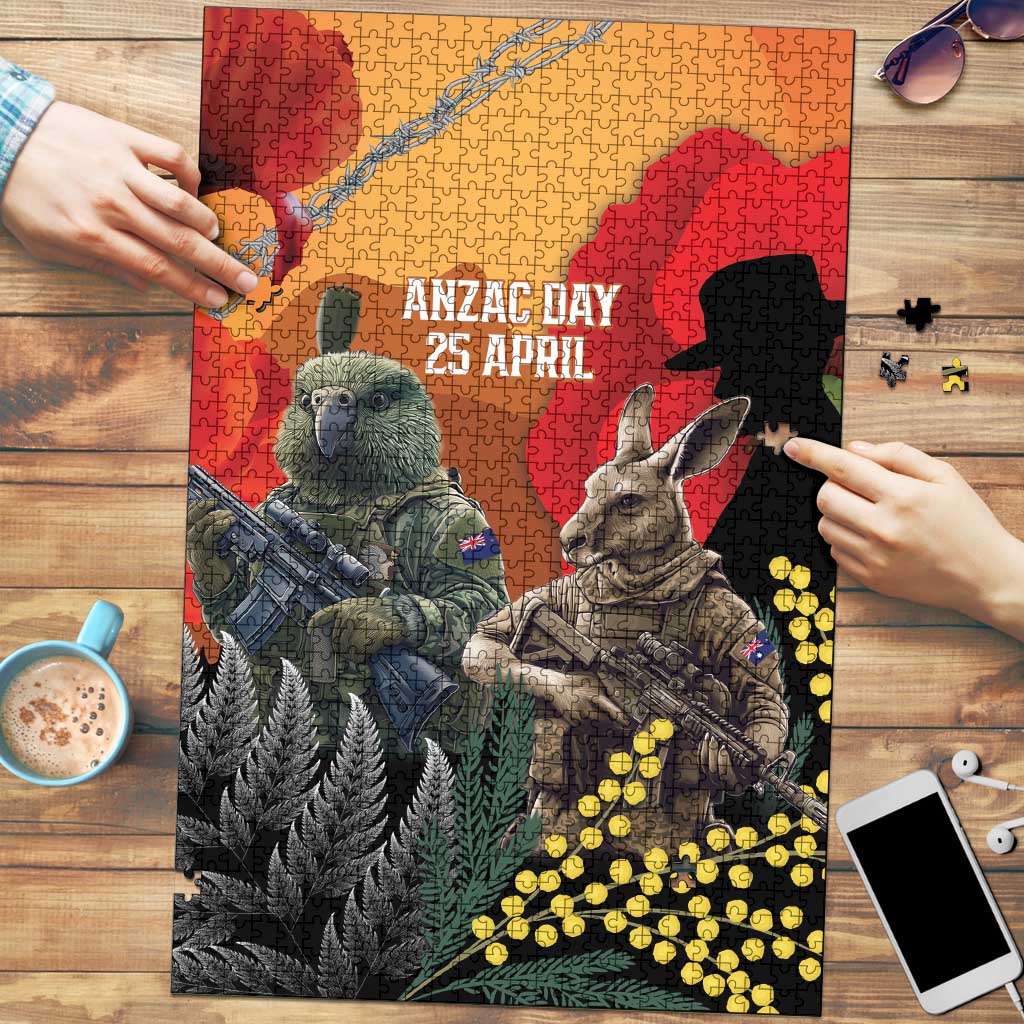 New Zealand and Australia ANZAC Day Puzzle Sliver Fern Kakapo With Golden Wattle Kangaroo - Aussie Hoodie