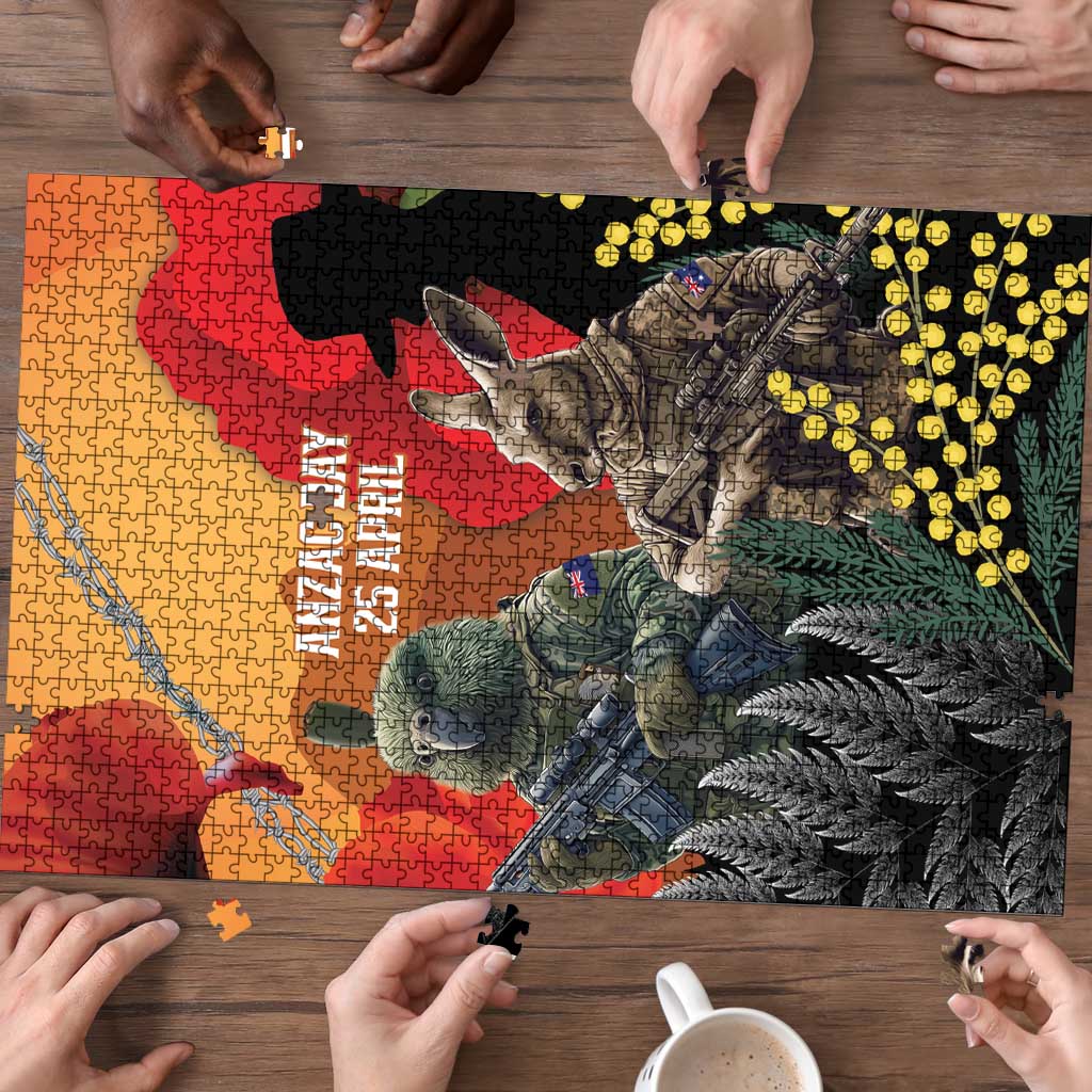 New Zealand and Australia ANZAC Day Puzzle Sliver Fern Kakapo With Golden Wattle Kangaroo - Aussie Hoodie