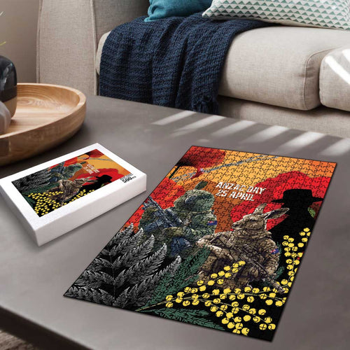 New Zealand and Australia ANZAC Day Puzzle Sliver Fern Kakapo With Golden Wattle Kangaroo - Aussie Hoodie