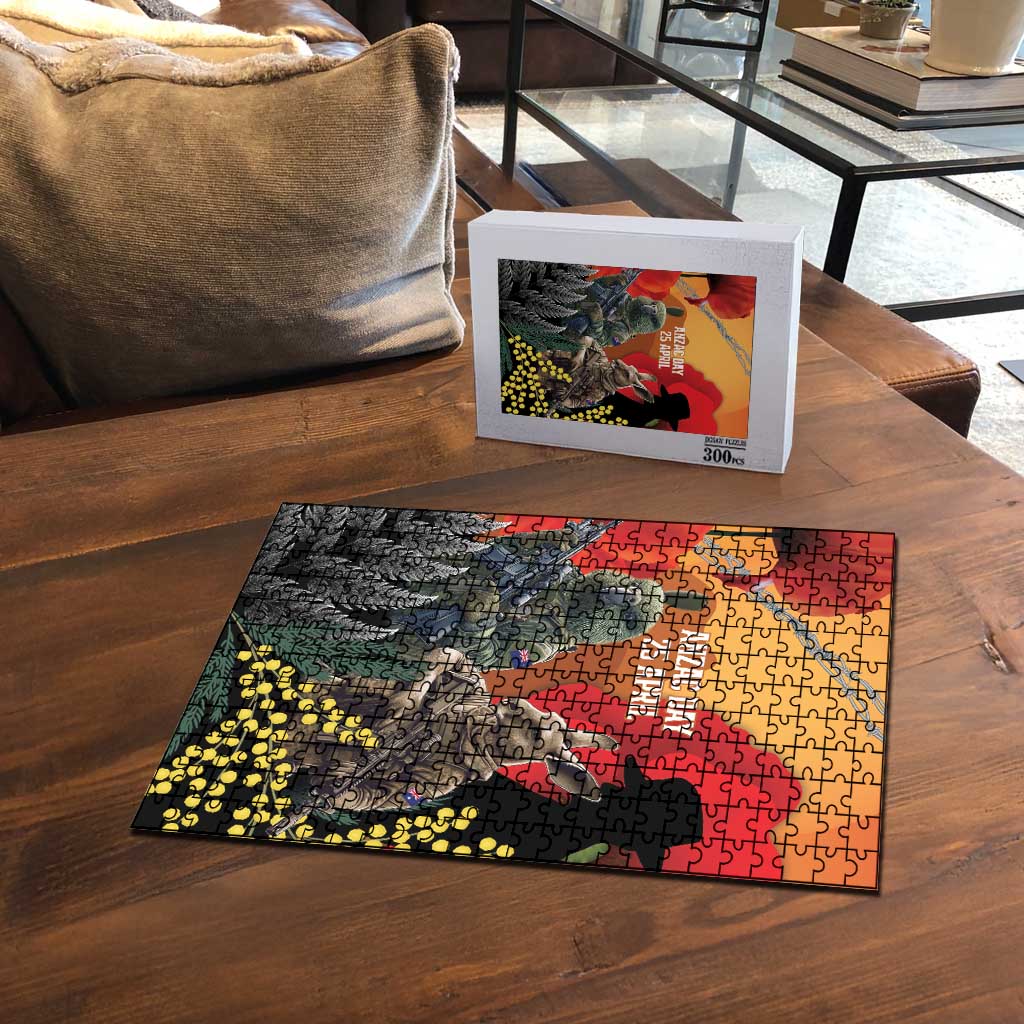 New Zealand and Australia ANZAC Day Puzzle Sliver Fern Kakapo With Golden Wattle Kangaroo - Aussie Hoodie