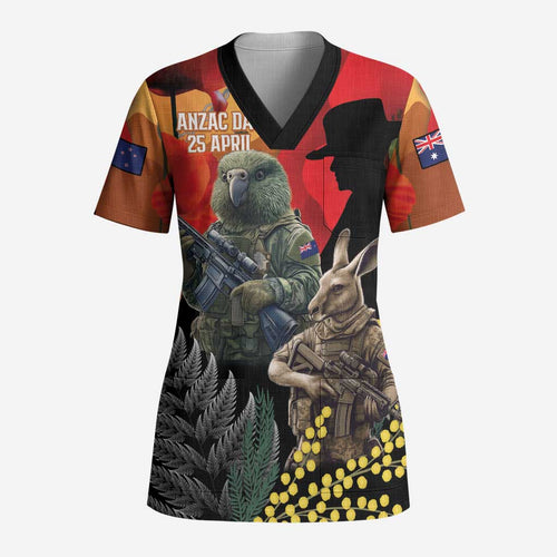 New Zealand and Australia ANZAC Day Scrub Top Sliver Fern Kakapo With Golden Wattle Kangaroo - Aussie Hoodie