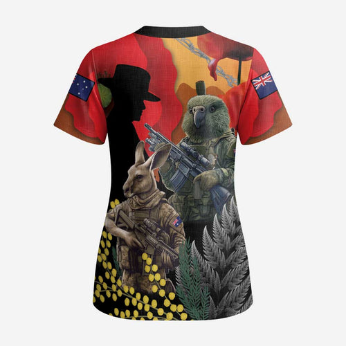 New Zealand and Australia ANZAC Day Scrub Top Sliver Fern Kakapo With Golden Wattle Kangaroo - Aussie Hoodie