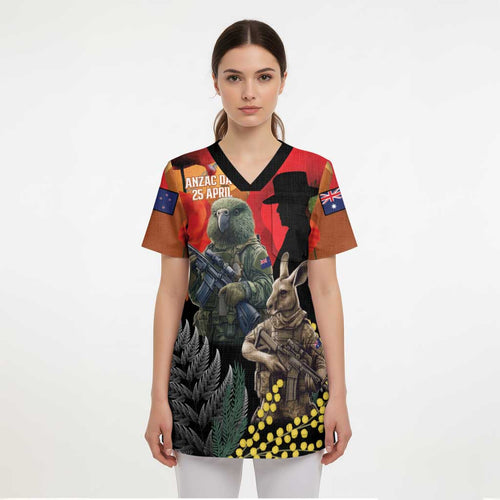 New Zealand and Australia ANZAC Day Scrub Top Sliver Fern Kakapo With Golden Wattle Kangaroo - Aussie Hoodie