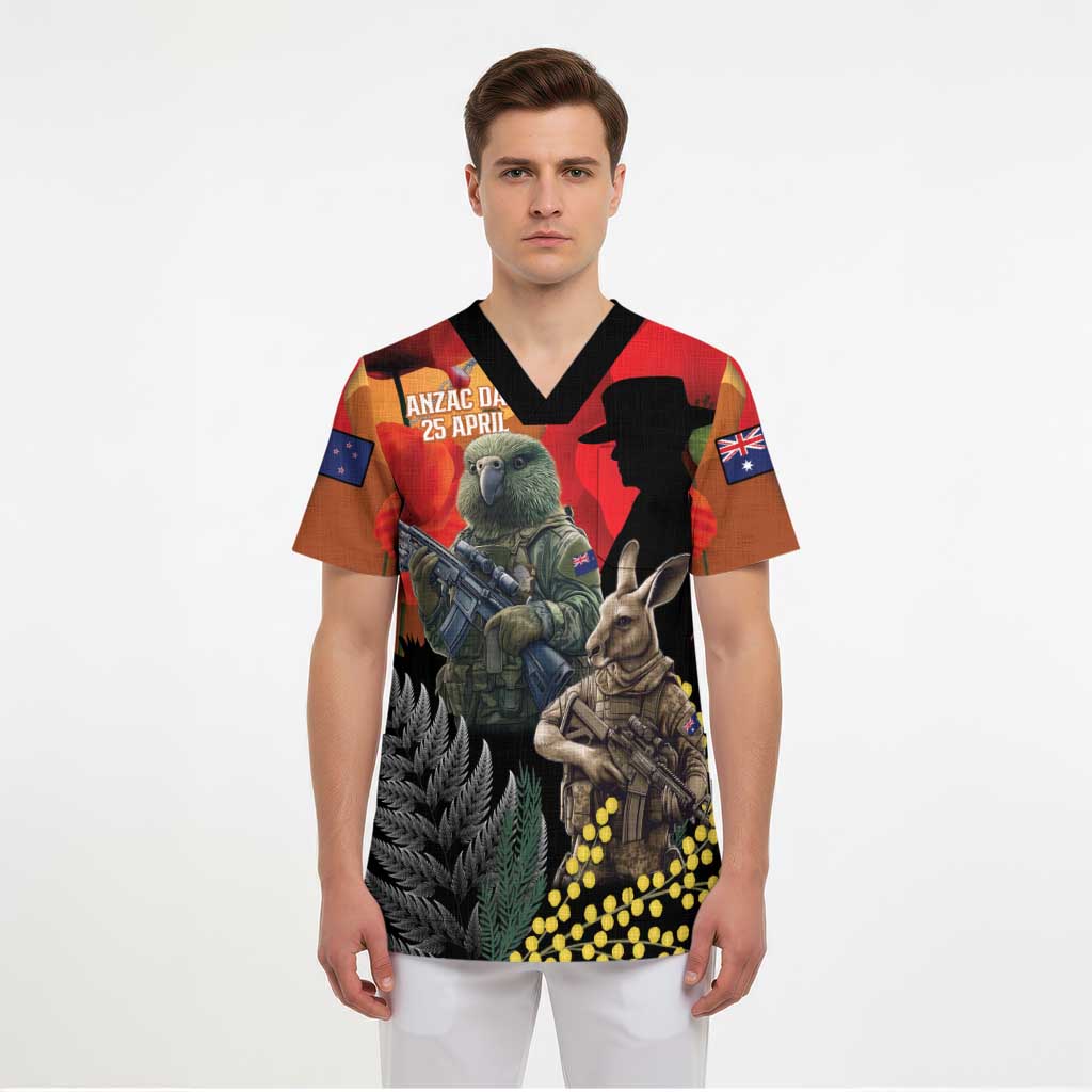 New Zealand and Australia ANZAC Day Scrub Top Sliver Fern Kakapo With Golden Wattle Kangaroo - Aussie Hoodie