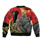 New Zealand and Australia ANZAC Day Sleeve Zip Bomber Jacket Sliver Fern Kakapo With Golden Wattle Kangaroo