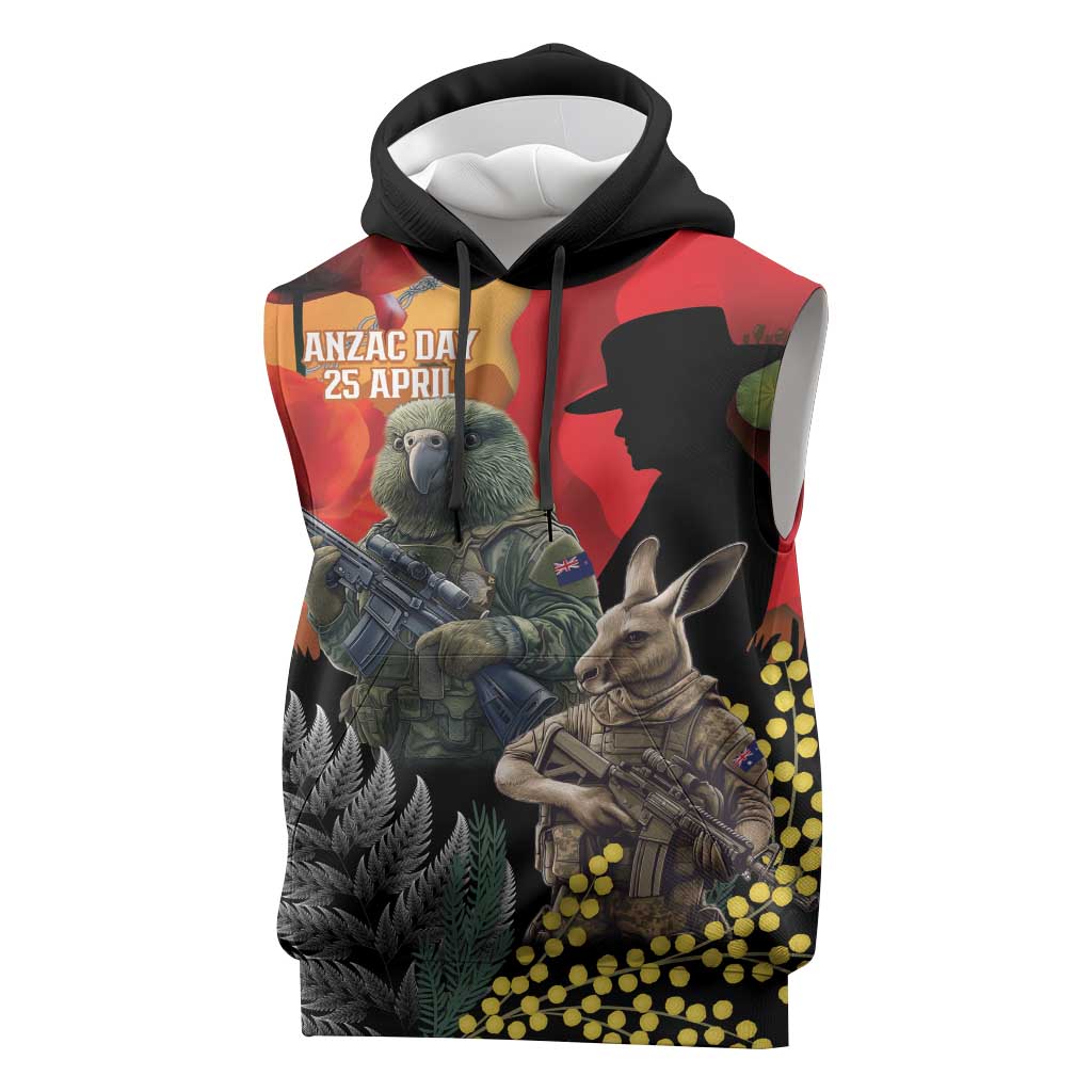 New Zealand and Australia ANZAC Day Sleeveless Hoodie Sliver Fern Kakapo With Golden Wattle Kangaroo - Aussie Hoodie