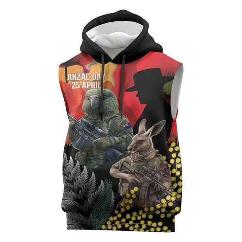 New Zealand and Australia ANZAC Day Sleeveless Hoodie Sliver Fern Kakapo With Golden Wattle Kangaroo - Aussie Hoodie
