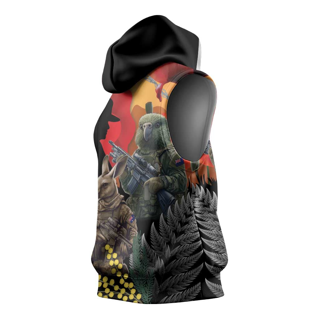 New Zealand and Australia ANZAC Day Sleeveless Hoodie Sliver Fern Kakapo With Golden Wattle Kangaroo - Aussie Hoodie