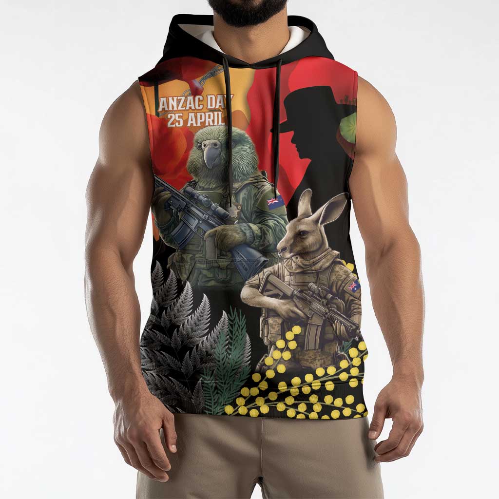New Zealand and Australia ANZAC Day Sleeveless Hoodie Sliver Fern Kakapo With Golden Wattle Kangaroo - Aussie Hoodie