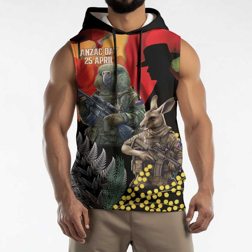New Zealand and Australia ANZAC Day Sleeveless Hoodie Sliver Fern Kakapo With Golden Wattle Kangaroo - Aussie Hoodie