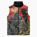 New Zealand and Australia ANZAC Day Sleeveless Puffer Jacket Sliver Fern Kakapo With Golden Wattle Kangaroo - Aussie Hoodie