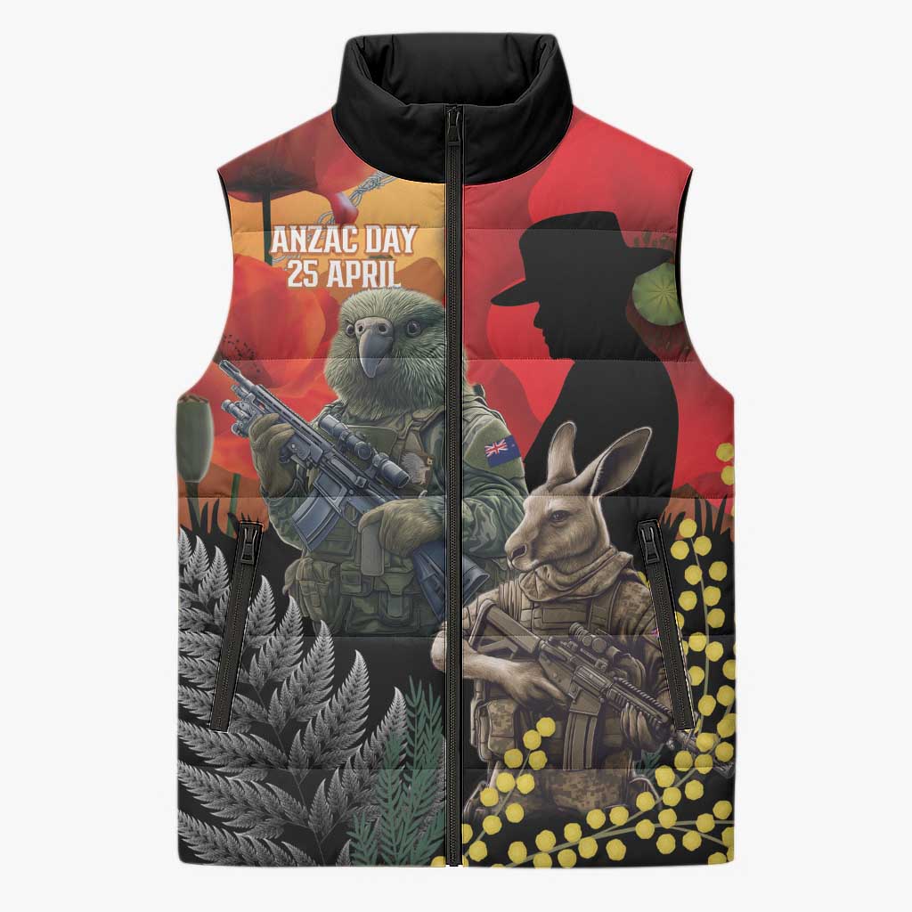New Zealand and Australia ANZAC Day Sleeveless Puffer Jacket Sliver Fern Kakapo With Golden Wattle Kangaroo - Aussie Hoodie