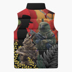 New Zealand and Australia ANZAC Day Sleeveless Puffer Jacket Sliver Fern Kakapo With Golden Wattle Kangaroo - Aussie Hoodie