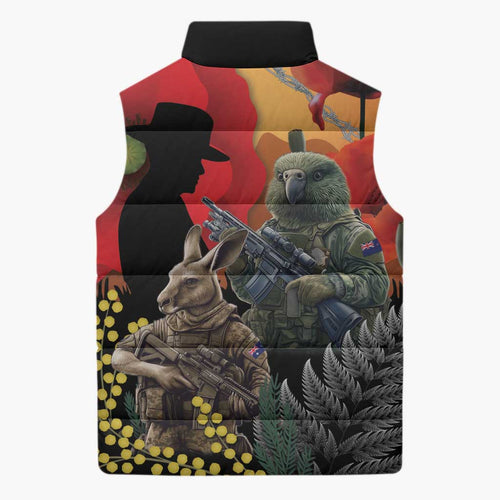 New Zealand and Australia ANZAC Day Sleeveless Puffer Jacket Sliver Fern Kakapo With Golden Wattle Kangaroo - Aussie Hoodie