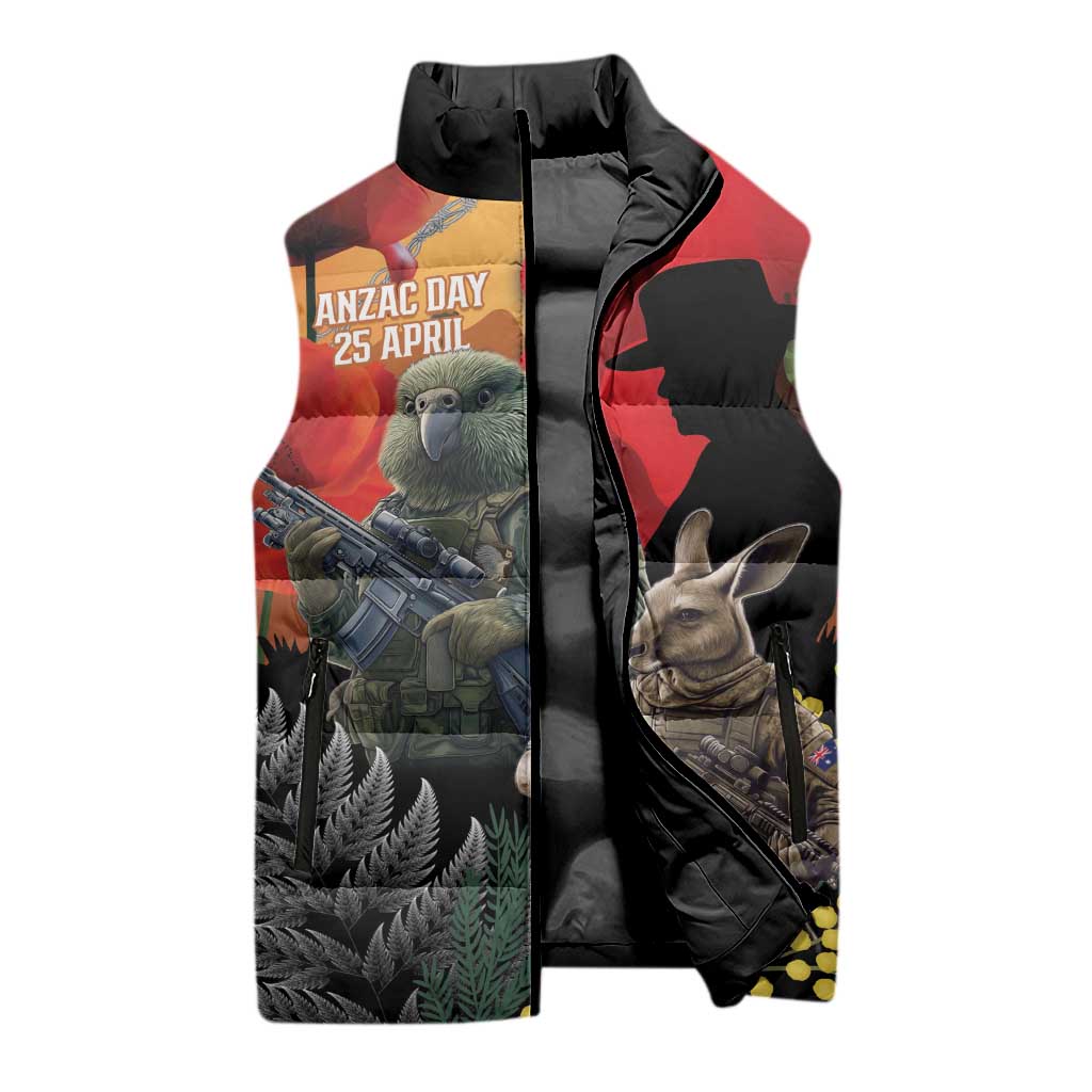 New Zealand and Australia ANZAC Day Sleeveless Puffer Jacket Sliver Fern Kakapo With Golden Wattle Kangaroo - Aussie Hoodie