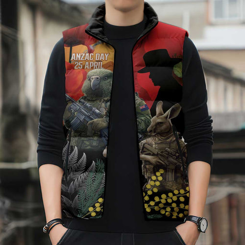 New Zealand and Australia ANZAC Day Sleeveless Puffer Jacket Sliver Fern Kakapo With Golden Wattle Kangaroo - Aussie Hoodie