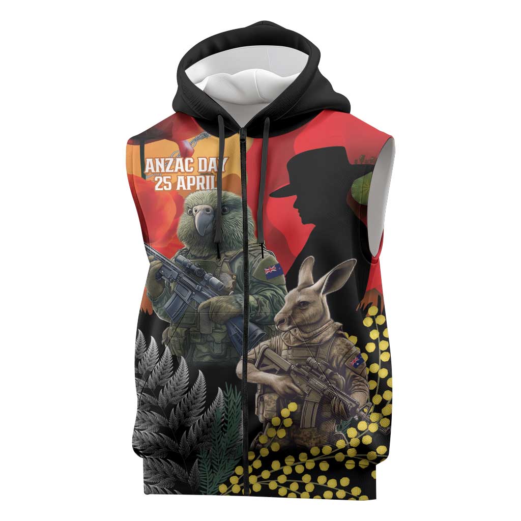 New Zealand and Australia ANZAC Day Sleeveless Zip Hoodie Sliver Fern Kakapo With Golden Wattle Kangaroo LT14