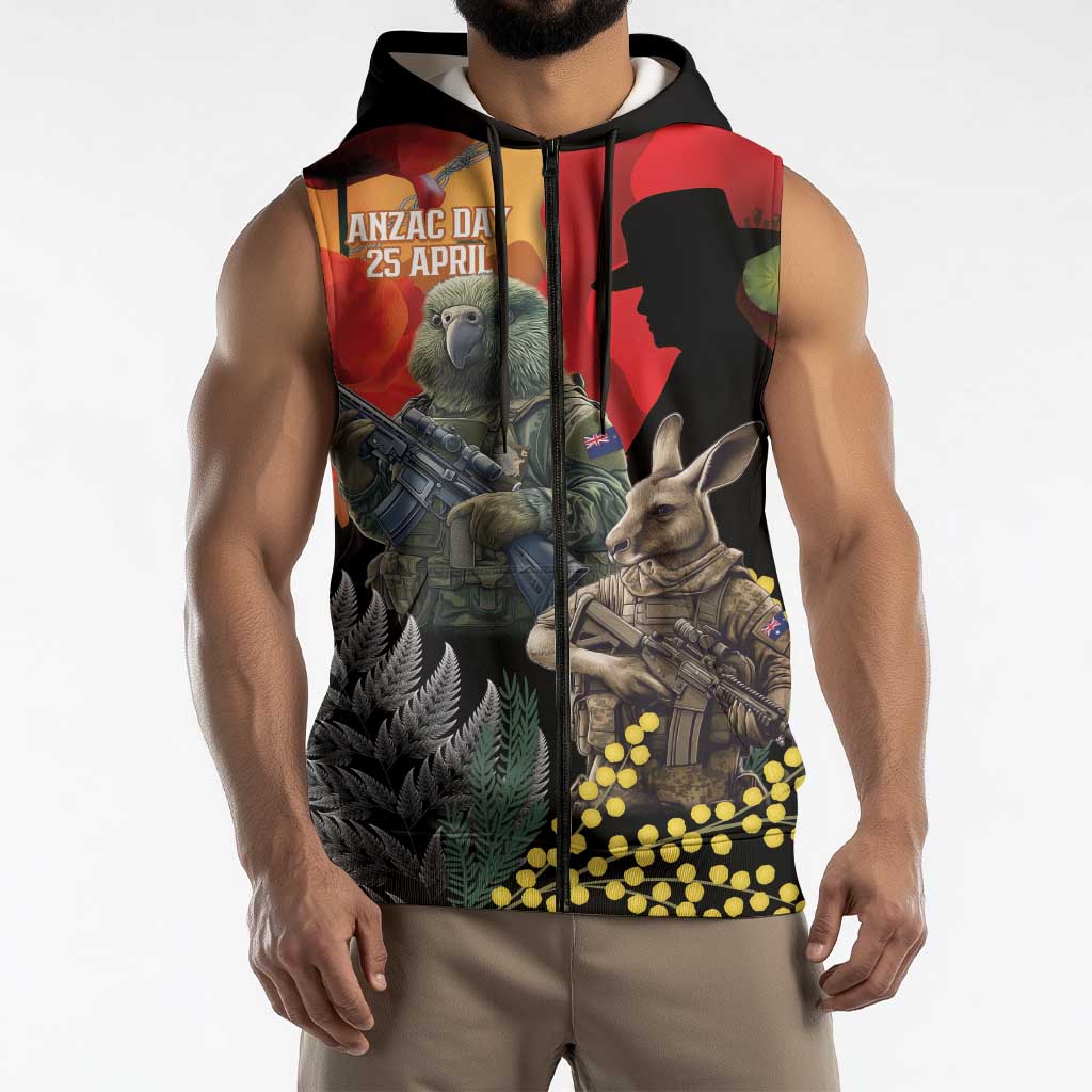 New Zealand and Australia ANZAC Day Sleeveless Zip Hoodie Sliver Fern Kakapo With Golden Wattle Kangaroo LT14
