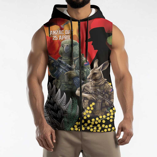 New Zealand and Australia ANZAC Day Sleeveless Zip Hoodie Sliver Fern Kakapo With Golden Wattle Kangaroo LT14