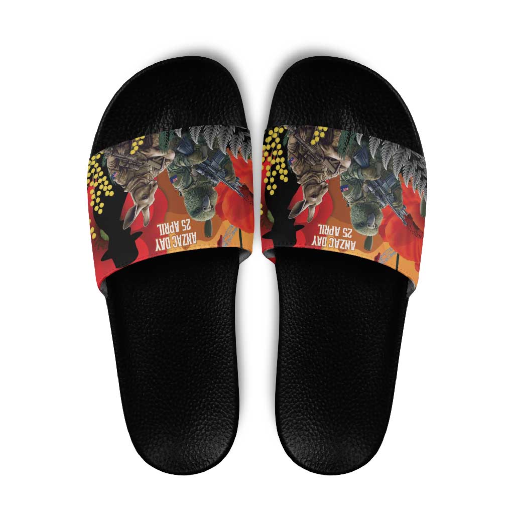 New Zealand and Australia ANZAC Day Slide Sandals Sliver Fern Kakapo With Golden Wattle Kangaroo - Aussie Hoodie