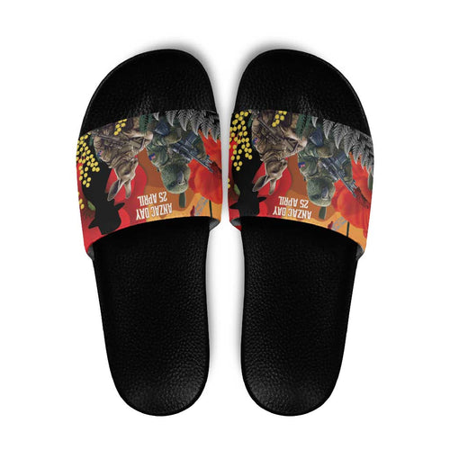 New Zealand and Australia ANZAC Day Slide Sandals Sliver Fern Kakapo With Golden Wattle Kangaroo - Aussie Hoodie