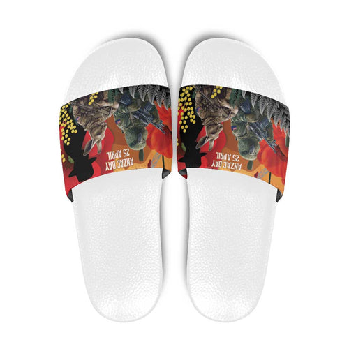 New Zealand and Australia ANZAC Day Slide Sandals Sliver Fern Kakapo With Golden Wattle Kangaroo - Aussie Hoodie