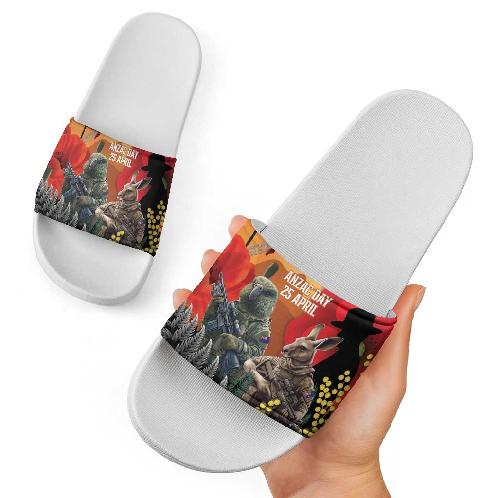 New Zealand and Australia ANZAC Day Slide Sandals Sliver Fern Kakapo With Golden Wattle Kangaroo - Aussie Hoodie