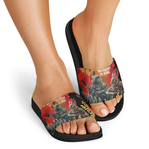 New Zealand and Australia ANZAC Day Slide Sandals Sliver Fern Kakapo With Golden Wattle Kangaroo - Aussie Hoodie