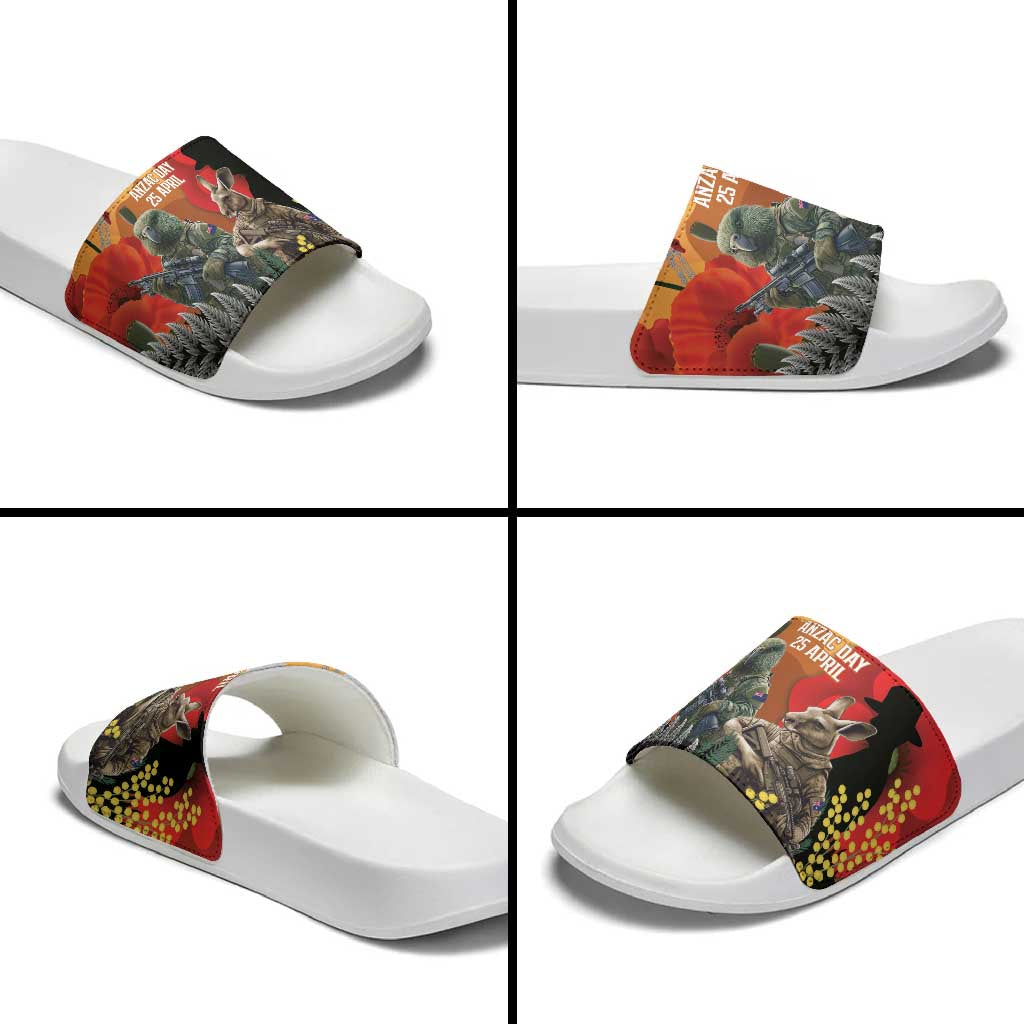 New Zealand and Australia ANZAC Day Slide Sandals Sliver Fern Kakapo With Golden Wattle Kangaroo - Aussie Hoodie