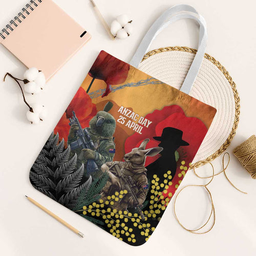 New Zealand and Australia ANZAC Day Tote Bag Sliver Fern Kakapo With Golden Wattle Kangaroo - Aussie Hoodie