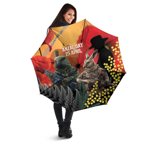 New Zealand and Australia ANZAC Day Umbrella Sliver Fern Kakapo With Golden Wattle Kangaroo - Aussie Hoodie