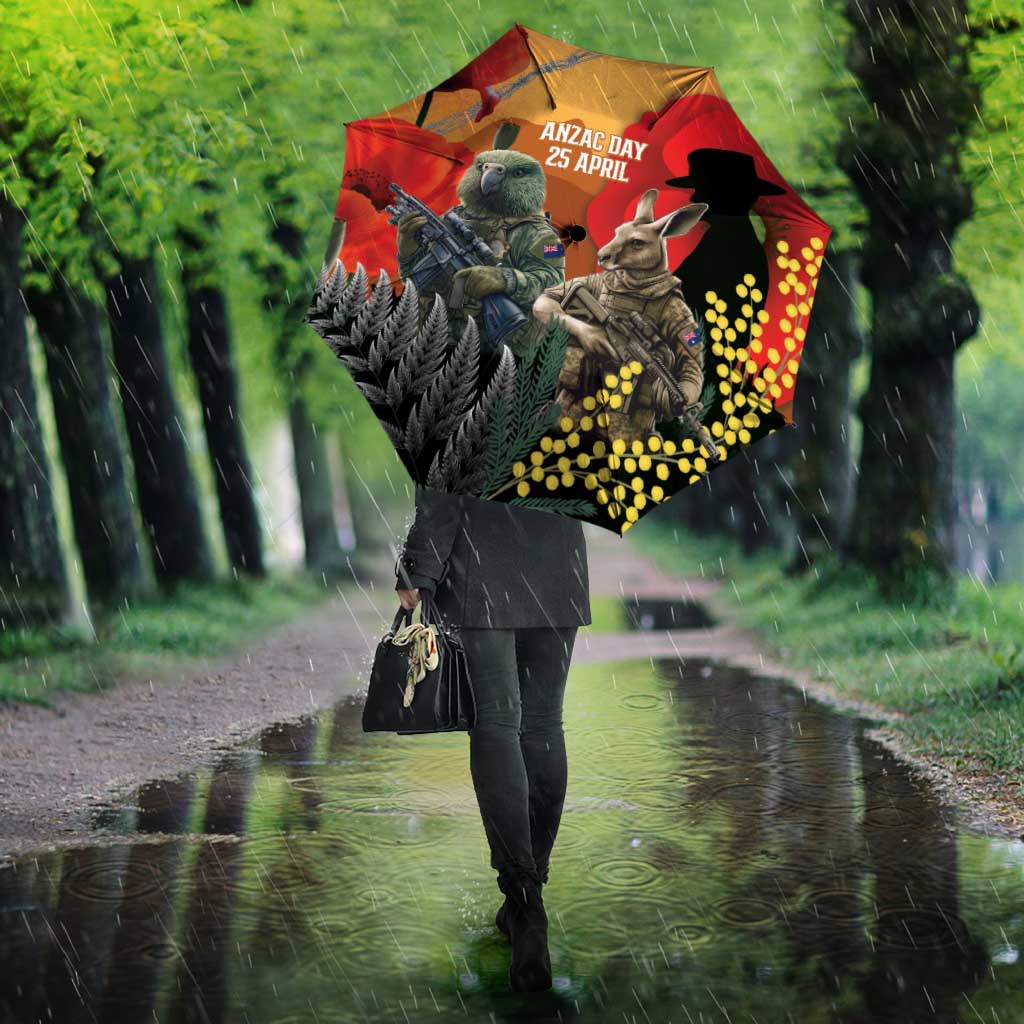 New Zealand and Australia ANZAC Day Umbrella Sliver Fern Kakapo With Golden Wattle Kangaroo - Aussie Hoodie