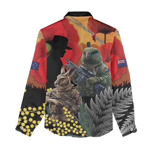 New Zealand and Australia ANZAC Day Women Casual Shirt Sliver Fern Kakapo With Golden Wattle Kangaroo