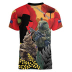 New Zealand and Australia ANZAC Day Women V-Neck T-Shirt Sliver Fern Kakapo With Golden Wattle Kangaroo