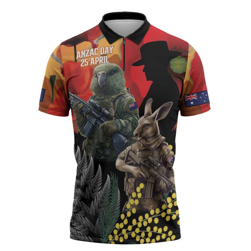 New Zealand and Australia ANZAC Day Zipper Polo Shirt Sliver Fern Kakapo With Golden Wattle Kangaroo - Aussie Hoodie