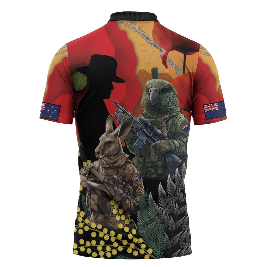 New Zealand and Australia ANZAC Day Zipper Polo Shirt Sliver Fern Kakapo With Golden Wattle Kangaroo - Aussie Hoodie