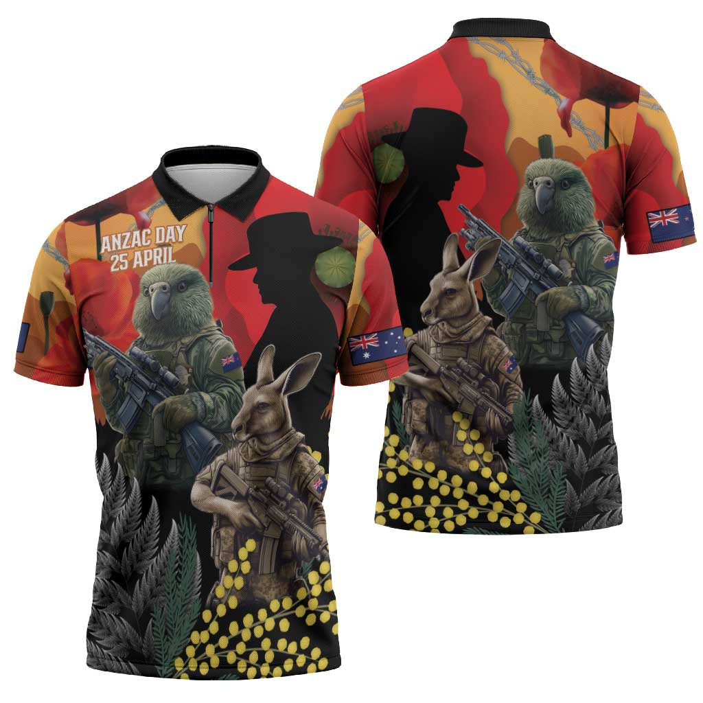 New Zealand and Australia ANZAC Day Zipper Polo Shirt Sliver Fern Kakapo With Golden Wattle Kangaroo - Aussie Hoodie