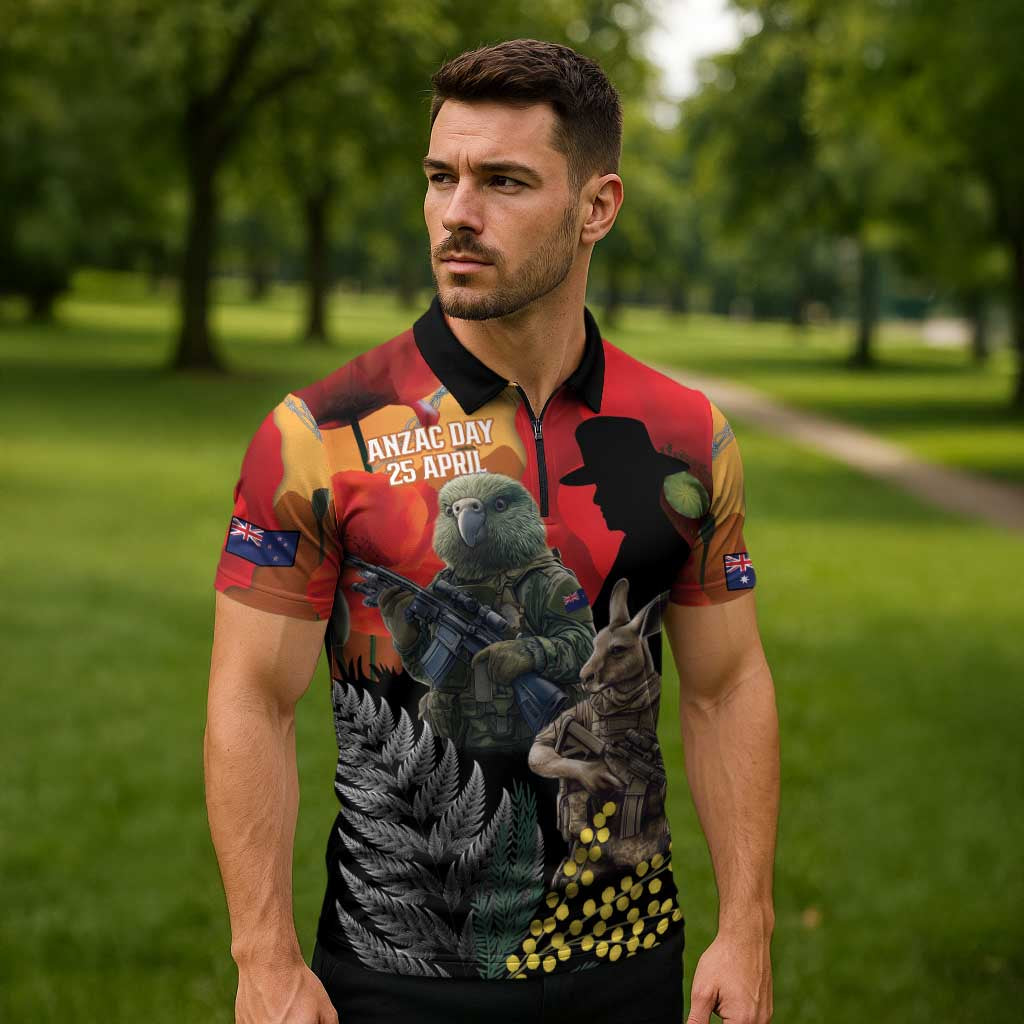 New Zealand and Australia ANZAC Day Zipper Polo Shirt Sliver Fern Kakapo With Golden Wattle Kangaroo - Aussie Hoodie