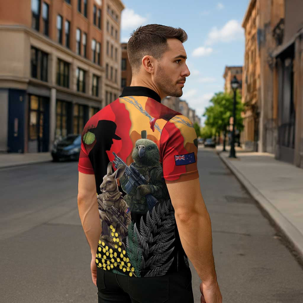 New Zealand and Australia ANZAC Day Zipper Polo Shirt Sliver Fern Kakapo With Golden Wattle Kangaroo - Aussie Hoodie