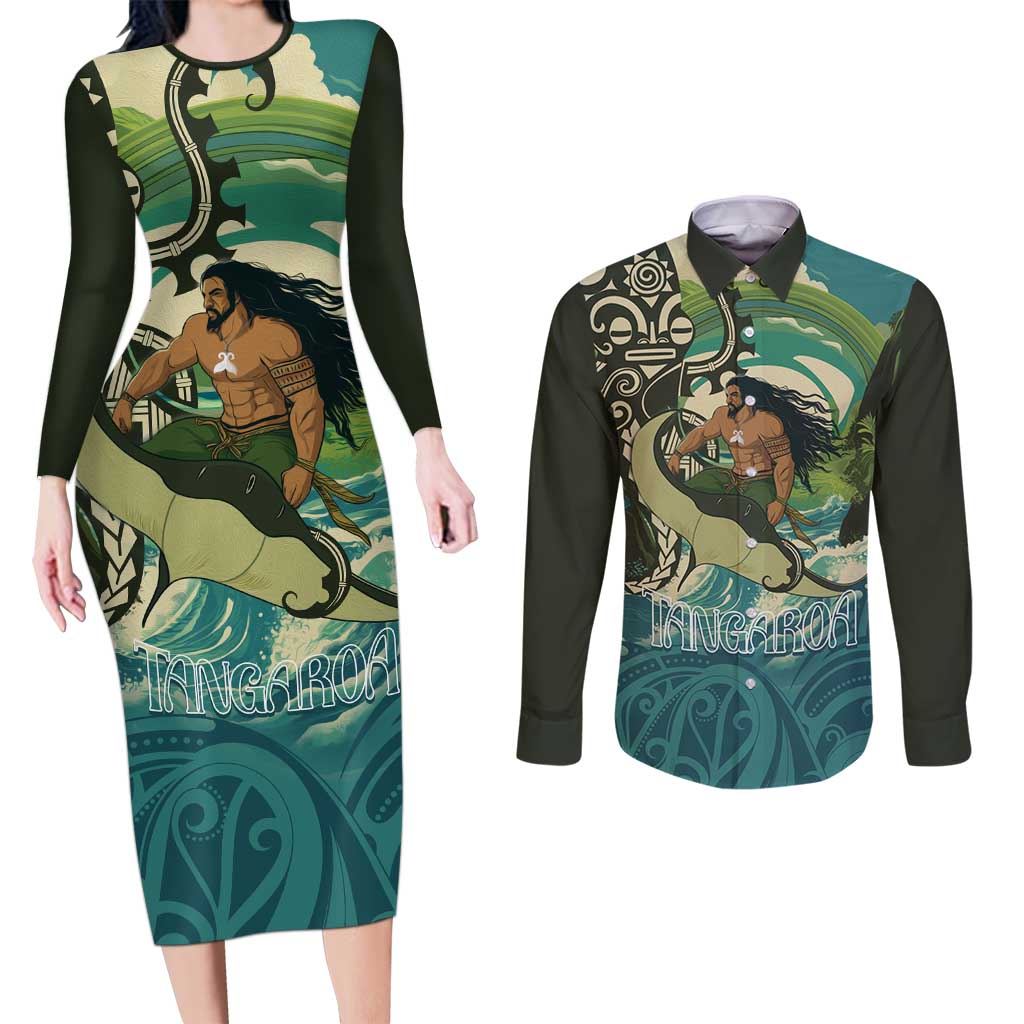 Aotearoa Tangaroa Atua Couples Matching Long Sleeve Bodycon Dress and Long Sleeve Button Shirt New Zealand God Of The Ocean