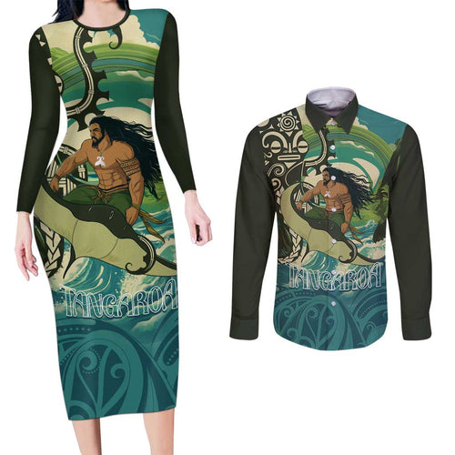 Aotearoa Tangaroa Atua Couples Matching Long Sleeve Bodycon Dress and Long Sleeve Button Shirt New Zealand God Of The Ocean