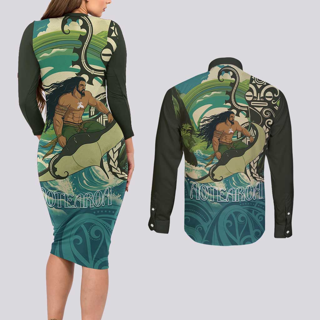 Aotearoa Tangaroa Atua Couples Matching Long Sleeve Bodycon Dress and Long Sleeve Button Shirt New Zealand God Of The Ocean